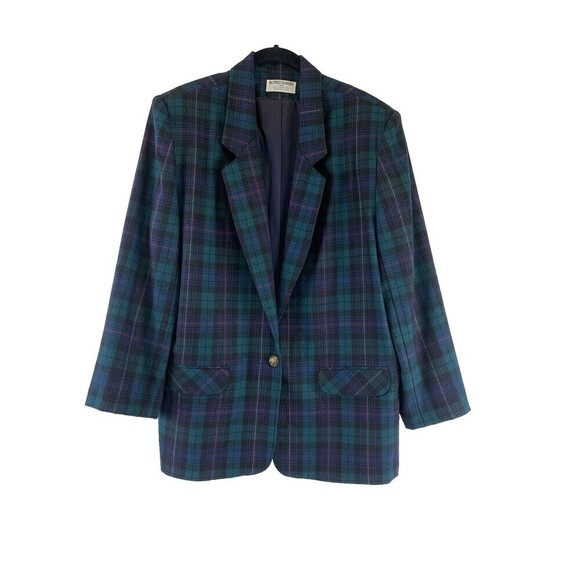 BOGO Alfred Dunner Plaid Wool Blazer One Button Shoulder Pad Green Navy Women 14 - Picture 1 of 10